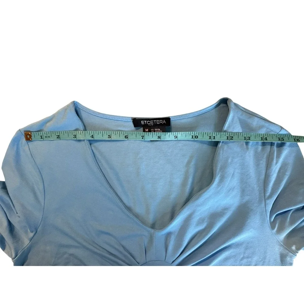 Etcetera Womens M Turquoise Blue Ruched V Neck 3/4 Sleeve Stretch Top